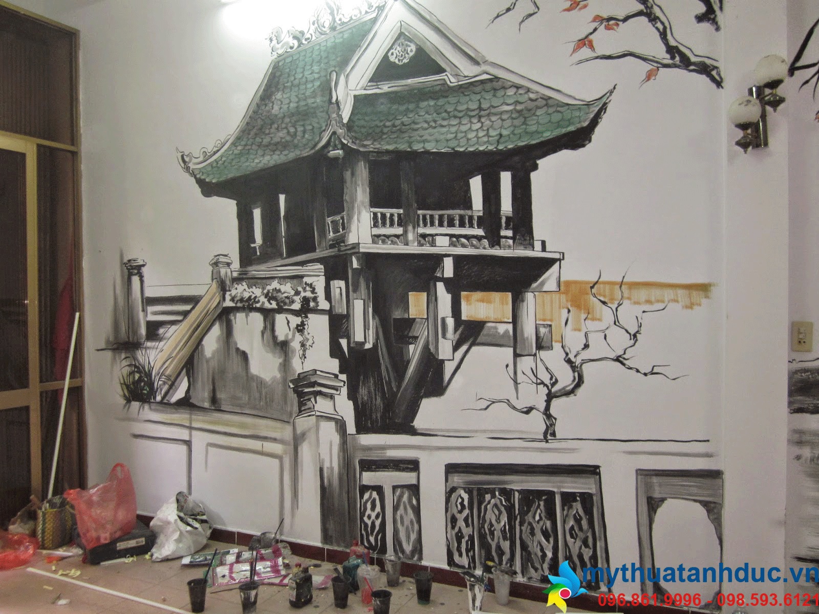 Mẫu tranh tường quán cafe chùa một cột