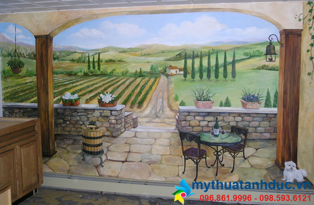 Mẫu tranh tường quán cafe phong cách sân vườn